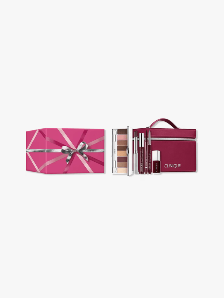 Clinique 6 Piece Black Honey Deluxe Makeup Holiday Gift Set in multiple branded components on a light gray background