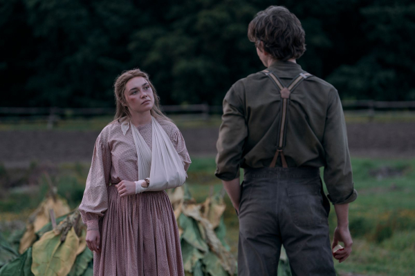 Florence Pugh as Cathy Ames with her broken arm in a sling and Mike Faist as Charles Trask in episode 102 of East of...