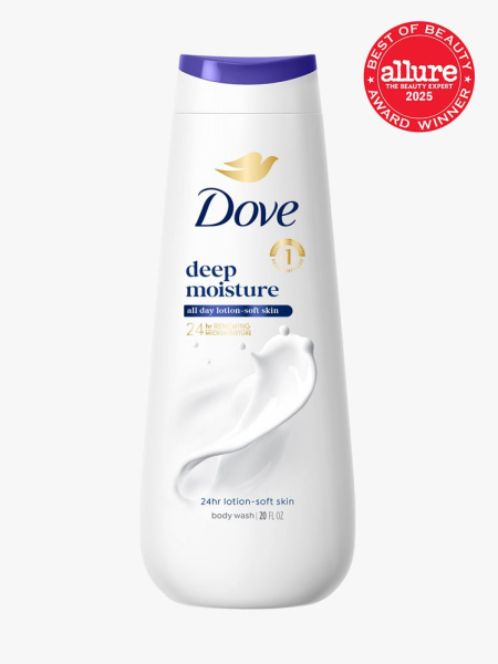Dove Deep Moisture Body Wash in branded blue and white bottle on light gray background with red Allure Best of Beauty seal in the top right corner