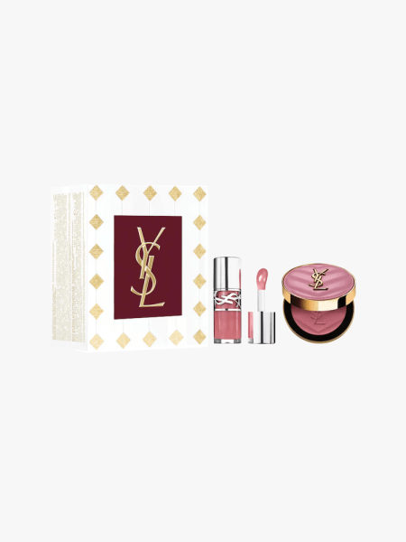 YSL Iconic Pink Lip Gloss & Blush Gift Set in multiple branded components on a light gray background
