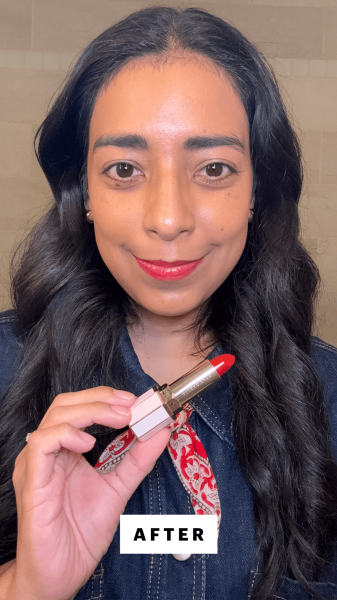 Foresto after applying the Dear Dahlia Lip Paradise Sensual Lip Glow in Chloe